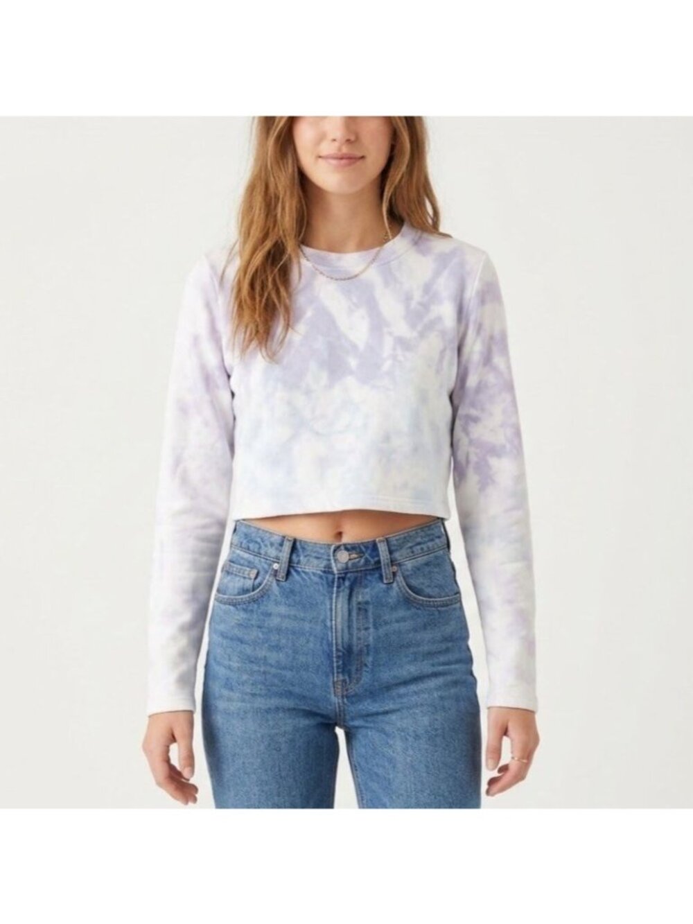 Boho Tie Dye Hippie Le Lis Size S White Purple Long Sleeve Crew Neck Cropped Top